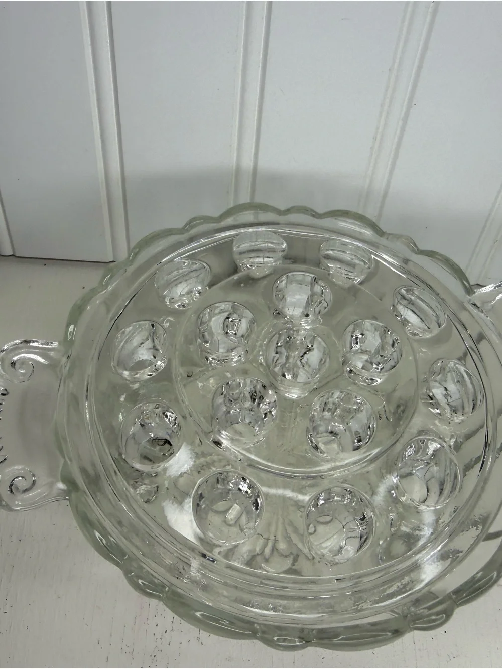 Vintage Anchor Hocking Old Cafe 16 hole clear glass Flower Frog bowl, circa 1930